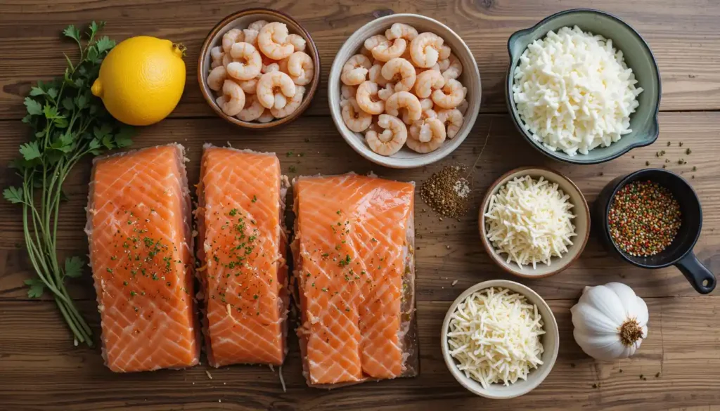 Close-up of baked salmon stuffed with creamy crab filling and garnished with shrimp and herbs.