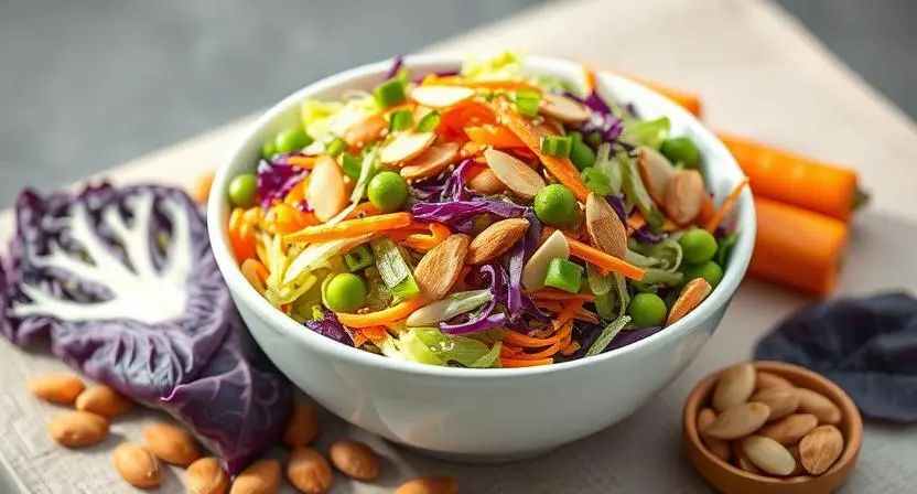 Colorful cabbage and edamame salad topped with almonds and sesame seeds.