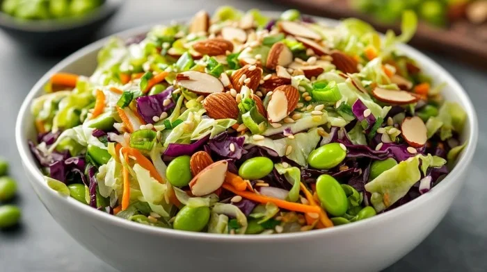 Colorful cabbage and edamame salad topped with almonds and sesame seeds.