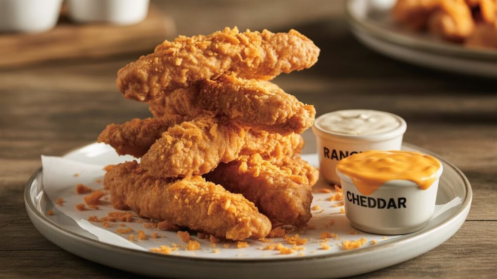 Crispy Doritos chicken tenders on a plate with dipping sauces.