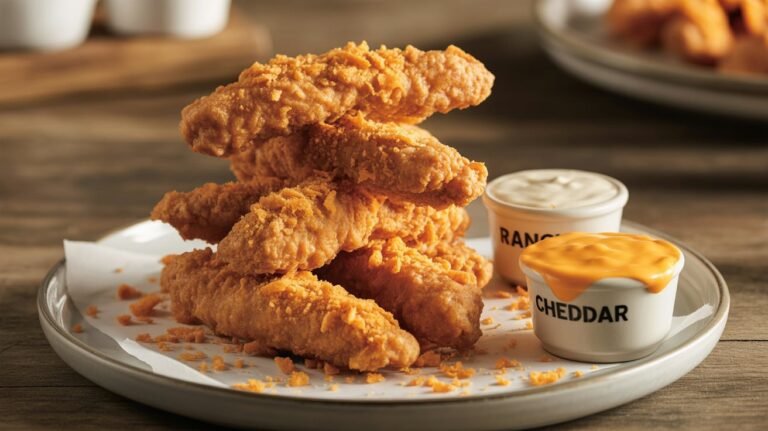 Crispy Doritos chicken tenders on a plate with dipping sauces.