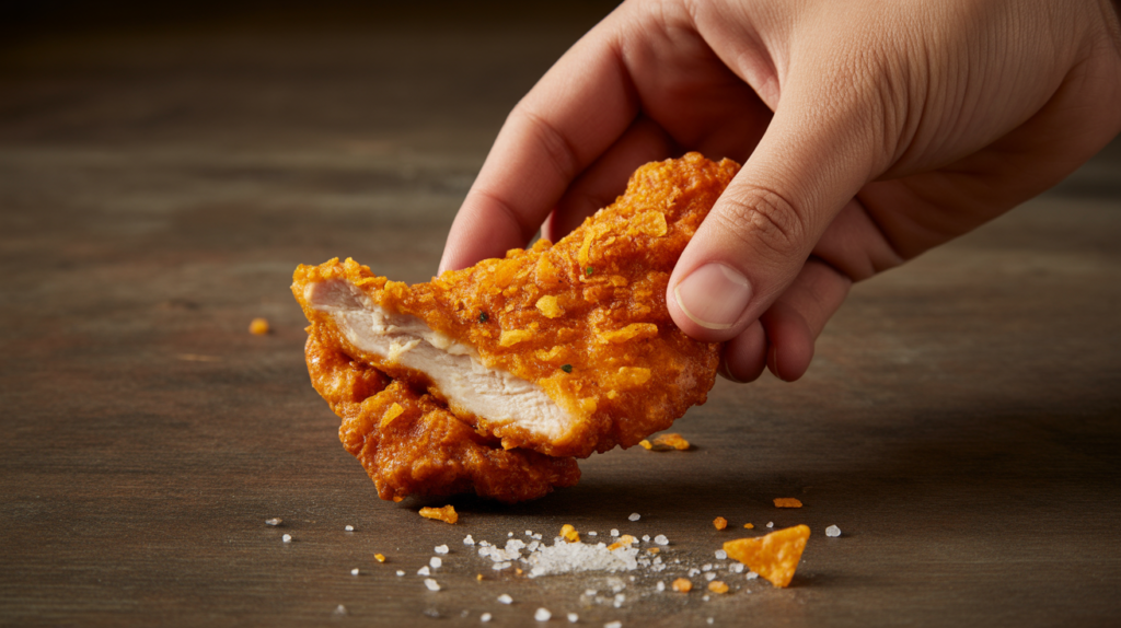 Crispy Doritos chicken tenders on a plate with dipping sauces.