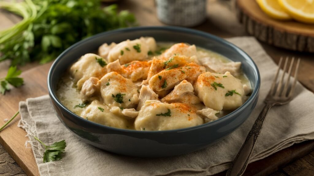 Bowl of creamy chicken and dumplings with fluffy dumplings, parsley, and paprika.