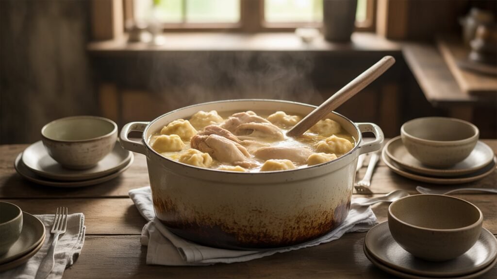 Bowl of creamy chicken and dumplings with fluffy dumplings, parsley, and paprika.
