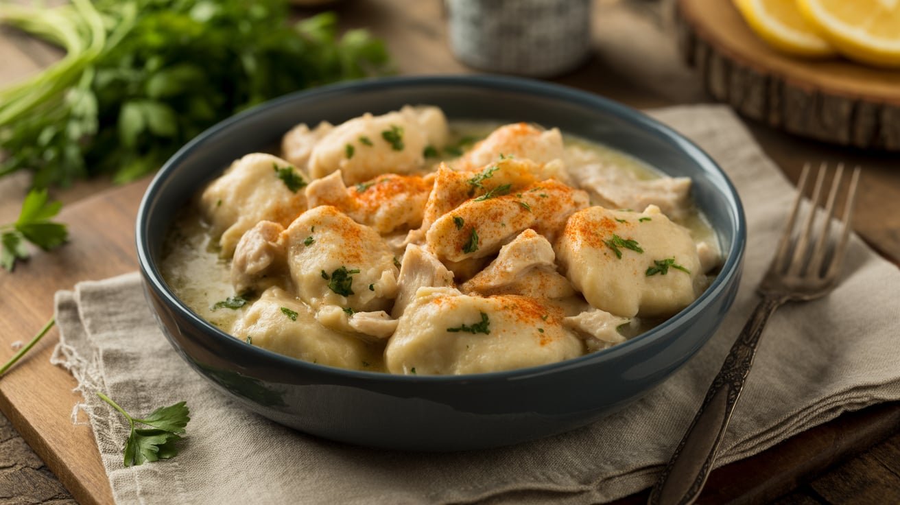 Bowl of creamy chicken and dumplings with fluffy dumplings, parsley, and paprika.