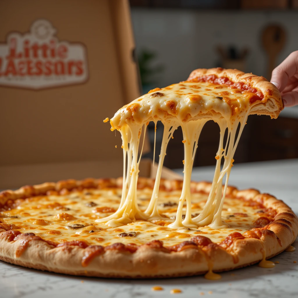 Close-up of a hot, cheesy slice of Little Caesars Classic Cheese Pizza being lifted from a fresh pizza, with melted mozzarella stretching and a golden crust.