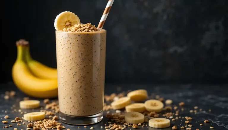 A tall glass of creamy peanut butter banana protein smoothie topped with granola, chia seeds, and a banana slice on the rim. A striped paper straw is inserted into the drink. The glass is placed on a dark surface with banana slices scattered around it.