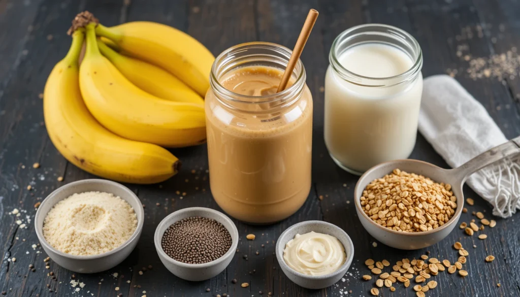 A neatly arranged collection of ingredients for a peanut butter banana protein smoothie on a dark countertop. The setup includes ripe bananas, a jar of peanut butter with a spoon, a scoop of protein powder, a glass of milk, chia seeds in a small bowl, and a pile of granola. No text or labels are present.