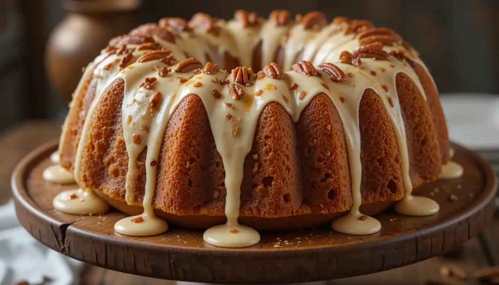 Pecan caramel cinnamon roll pound cake drizzled with cream cheese glaze, caramel, and pecans.
