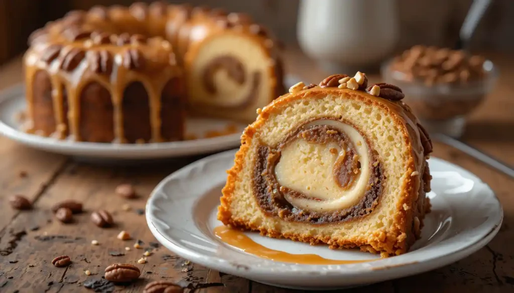 Sliced pecan caramel cinnamon roll pound cake showing cinnamon swirl and glaze.