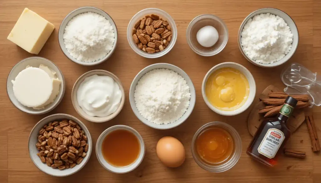 Flat lay of cream cheese, butter, eggs, pecans, caramel, and cinnamon for pound cake recipe.