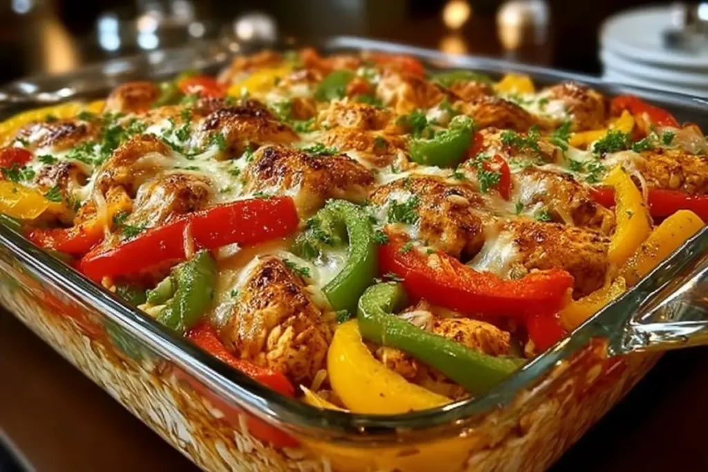 Freshly baked chicken fajita casserole in a glass dish, filled with rice, juicy chicken, melted golden cheese, and colorful bell peppers, garnished with parsley.