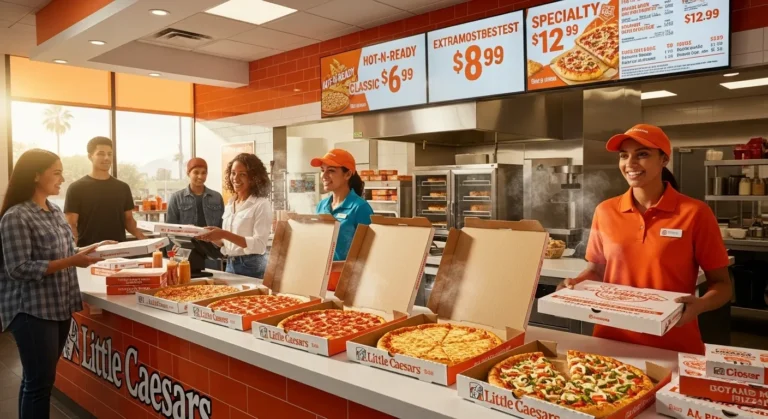 Little Caesars Menu California showing fresh pizzas, customers ordering at counter, and updated menu prices with orange-and-white restaurant interior.