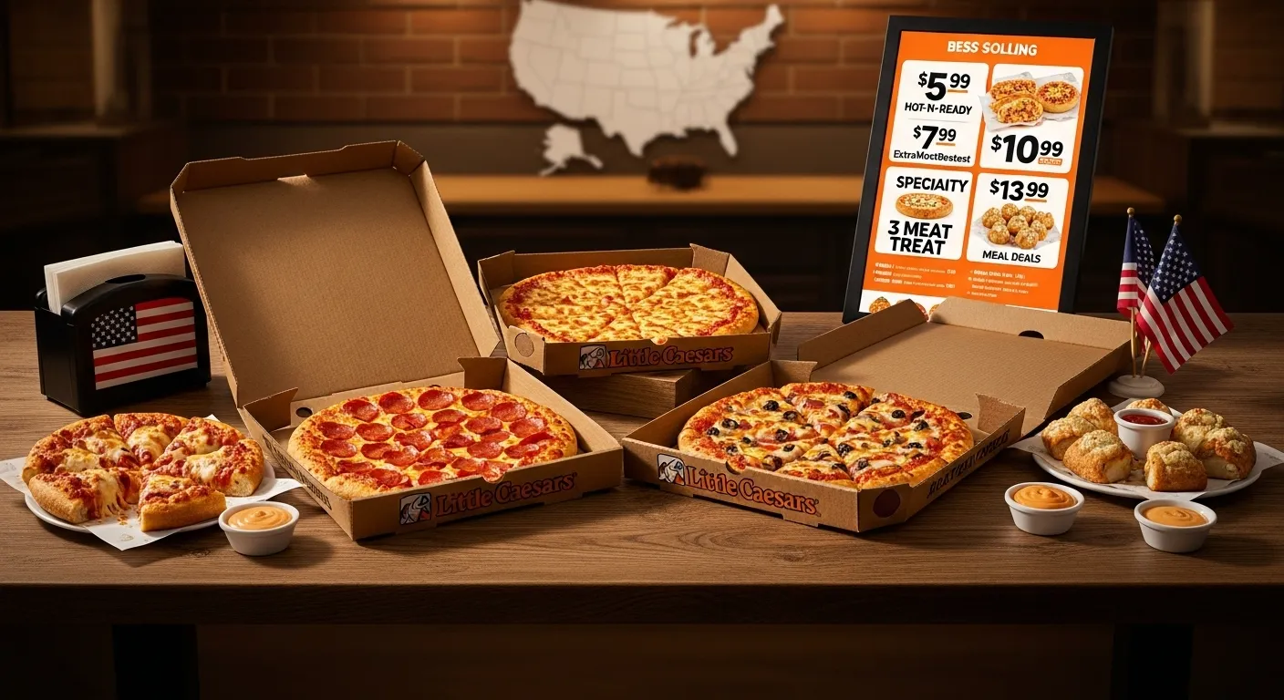 Little Caesars Menu Prices USA 2025 featuring nationwide pizza menu with Pepperoni, Cheese, and 3 Meat Treat pizzas and digital price board display.
